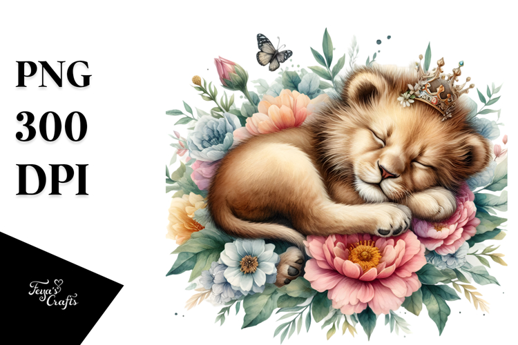 Digital Watercolor with Adorned Baby Lion, Transparent PNG