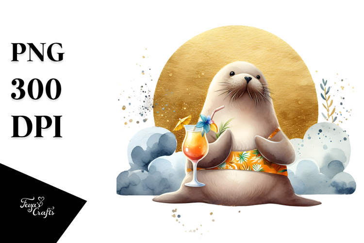 Cute Walrus in Beachwear PNG