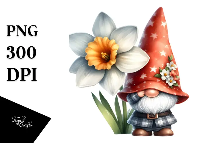 Cute Gnome with Narcissus PNG