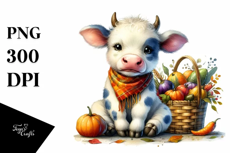 Colorful Baby Cow | Watercolor | Basket