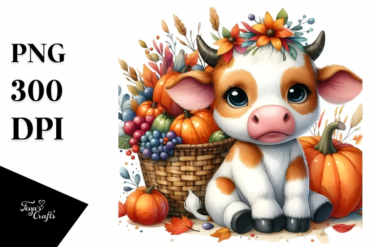 Colorful Baby Cow | Watercolor | Basket