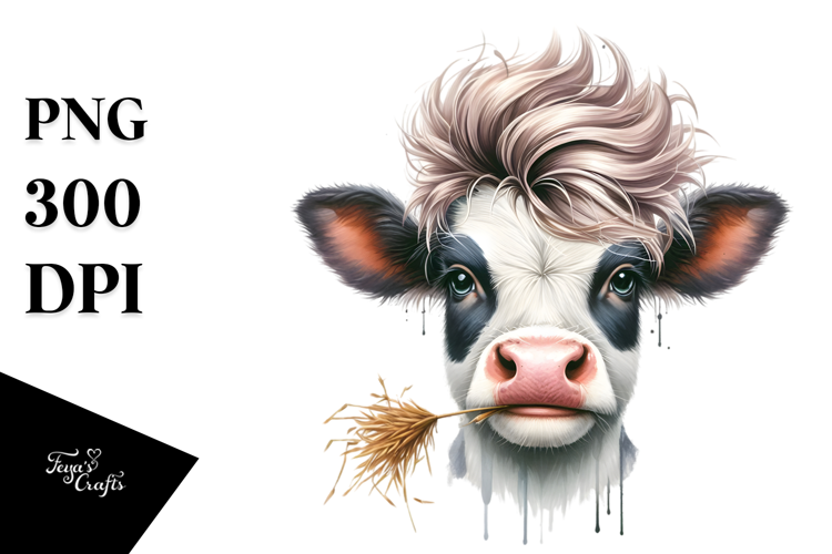 Funny Cow with Hay Straw in Mouth PNG
