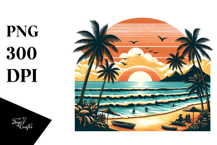 Vintage Tropical Beach Sunset Clipart