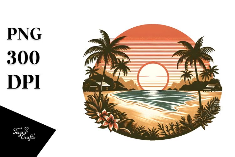 Vintage Tropical Beach Sunset Clipart
