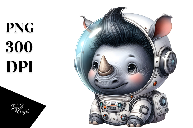 Energetic Baby Rhino with Astronaut Helmet, High-Res PNG