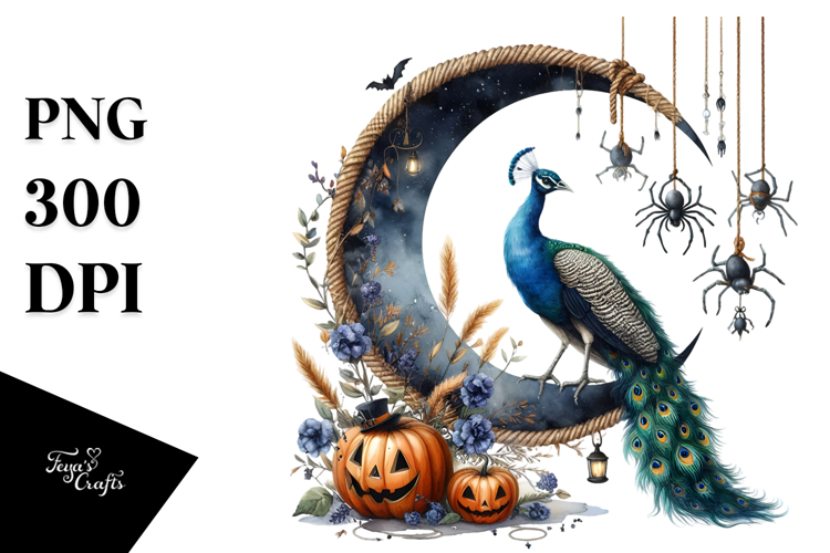 Peacock on Moon Halloween PNG