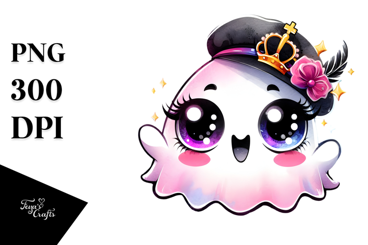 Cute Ghost with Glam Accessories, Ink Wash