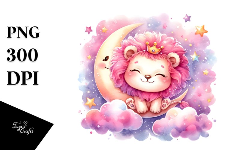 Smiling Cute Lion with Pink-ish Moon PNG example image 1