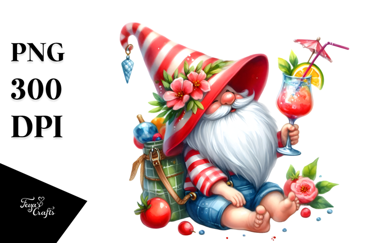 Whimsical Gnome Drinking a Cocktail PNG