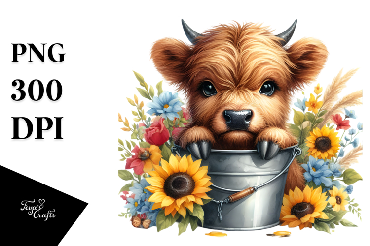 Cute Baby Highland Cow with Sunflowers, Transparent PNG