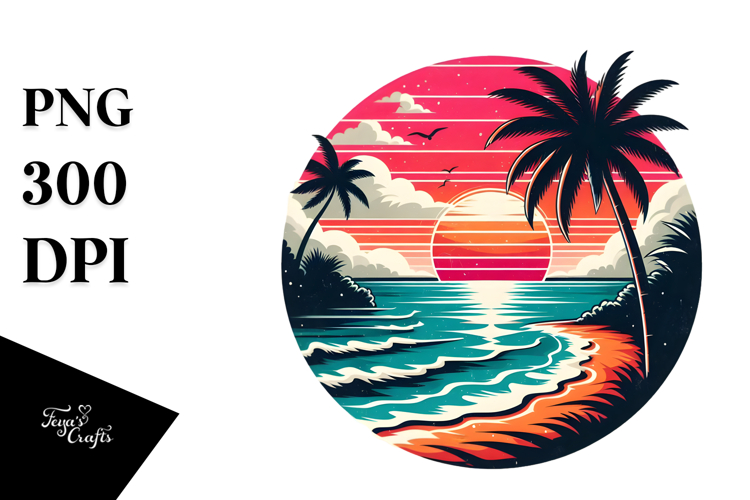Retro Tropical Beach Sunset PNG