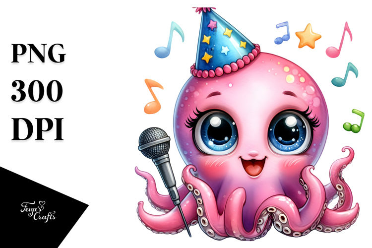 Energetic Baby Octopus with Party Hat, High-Res PNG