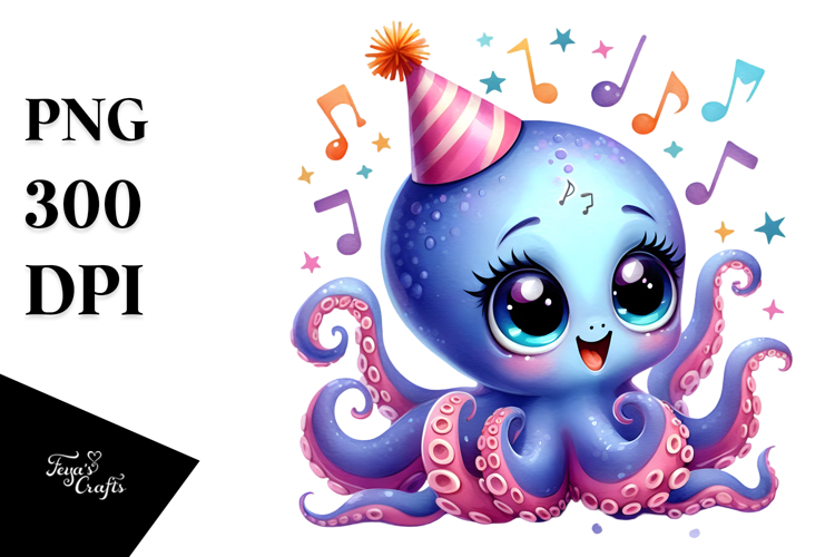 Energetic Baby Octopus with Party Hat, High-Res PNG