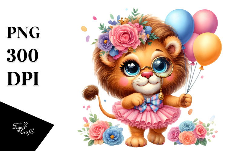 Colorful Lion with Balloons PNG