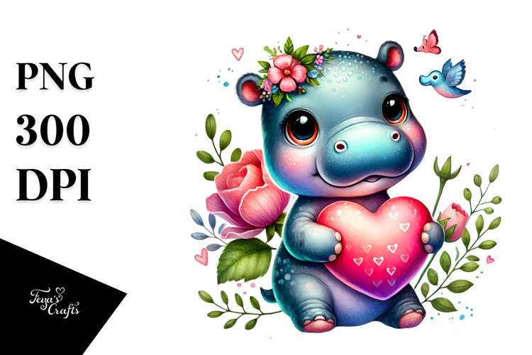 Baby Hippo Holding Heart PNG