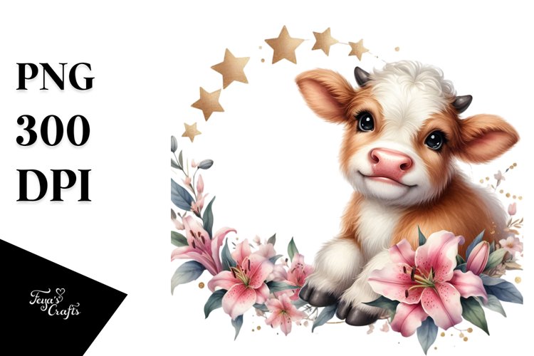 Watercolor Baby Highland Cow, Smiling PNG