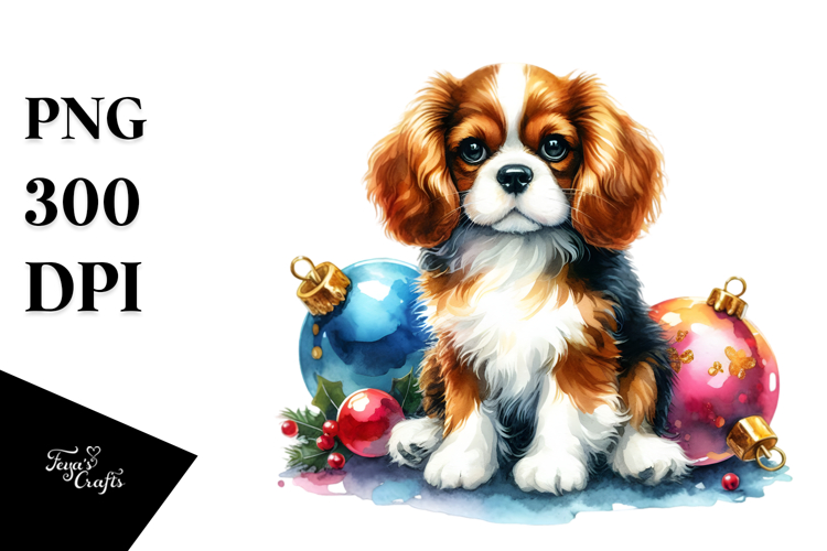 Cavalier King Charles Spaniel with Christmas Globes PNG