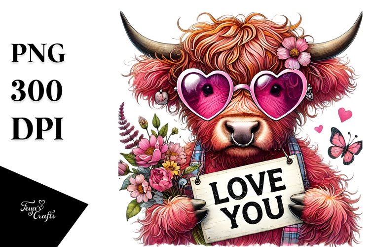Pink Highland Cow with Heart Sunglasses, Vibrant PNG
