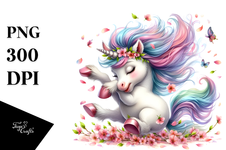 tumbling Baby Unicorn with Spring Petals