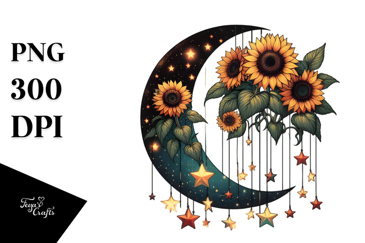 Vibrant Moon with Stars and Sunflowers PNG