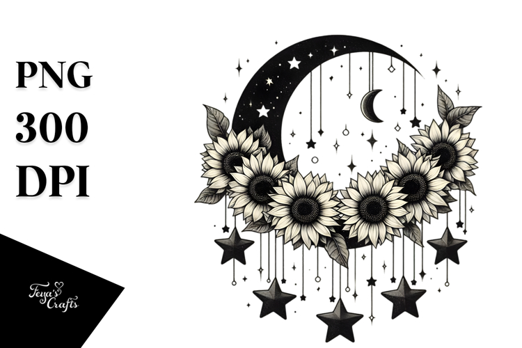 Vibrant Half Moon with Sunflowers PNG