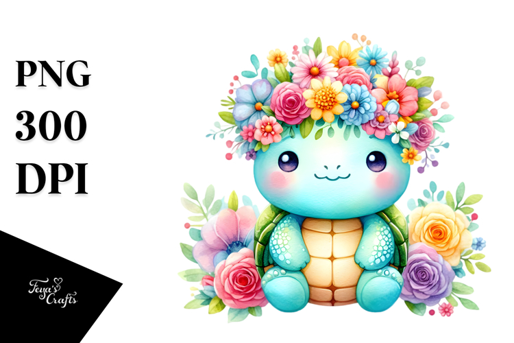 Cute Vibrant Flower Crown Turtle Clipart