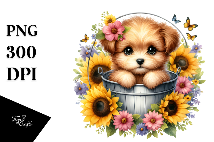 Cute Baby Dog with Sunflower PNG