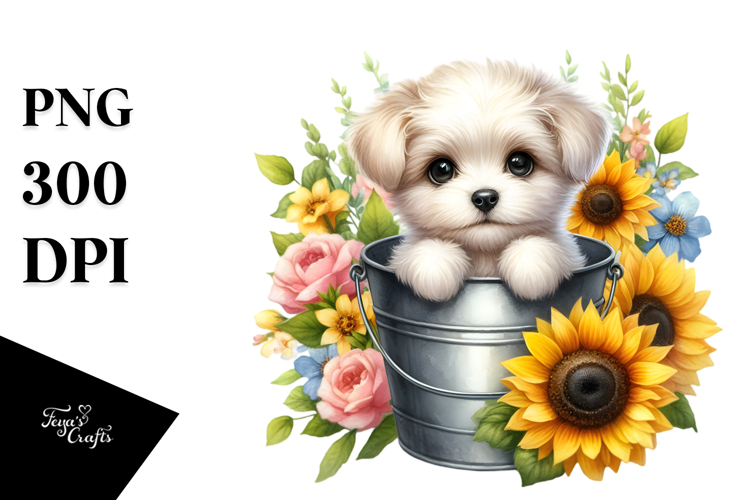Cute Baby Dog with Sunflower PNG