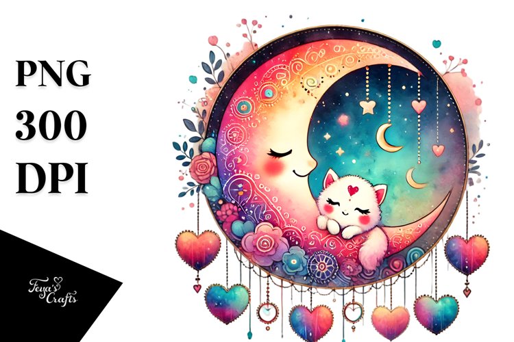 Boho Moon with Hanging Hearts, Transparent PNG