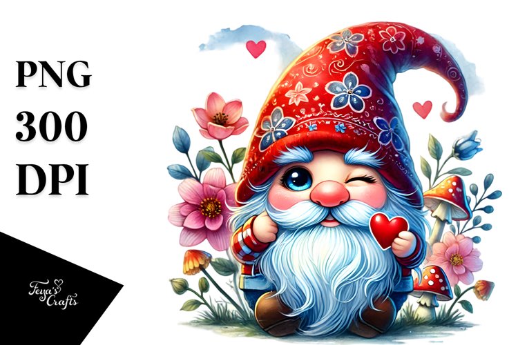 Winking Valentines Gnome Watercolor PNG