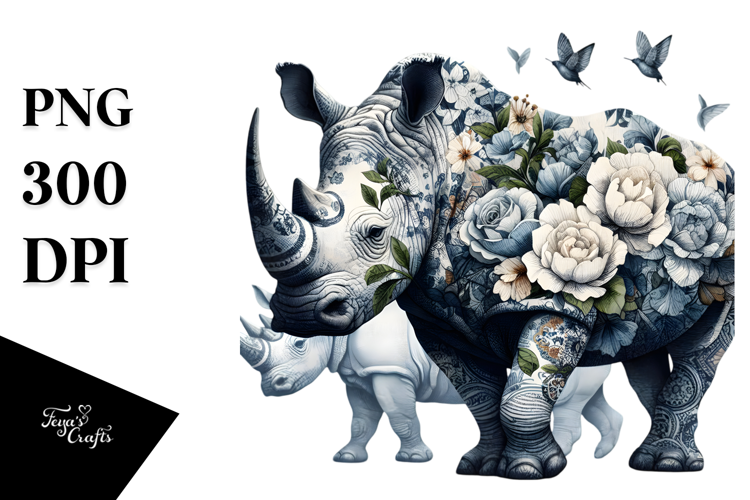 Rhino made of Blue Toile PNG