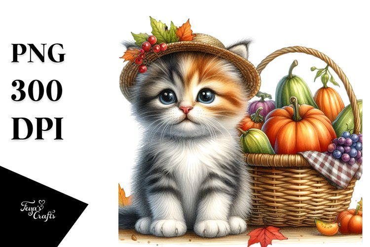 Baby Kitten Holding Basket with Autumn Vegetables |