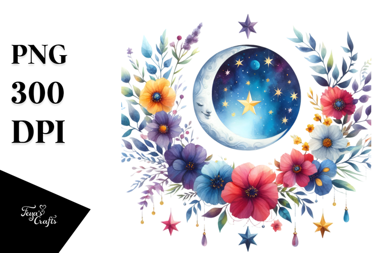 Vibrant Whimsical Moon with Foliage PNG