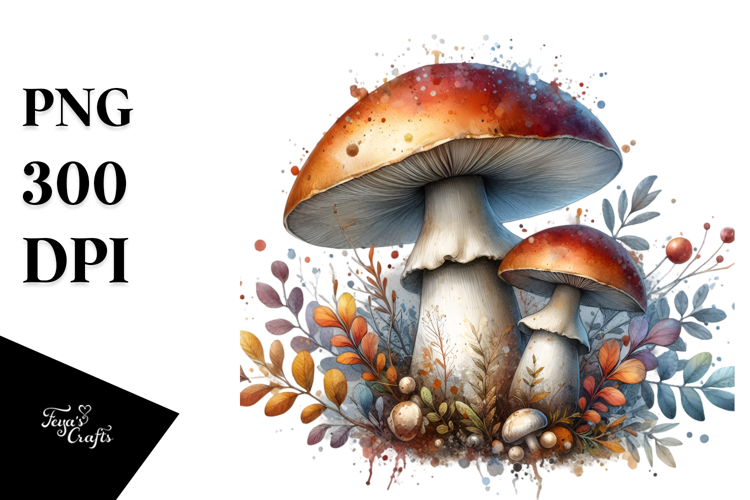 Detailed Mushroom with Watercolor Splash PNG