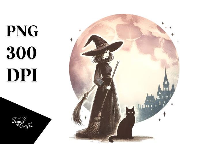 Washed Retro Witch with Cat PNG