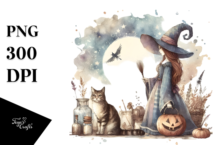 Washed Retro Witch with Cat PNG