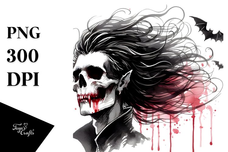 Retro Vampire Skull with Hair PNG