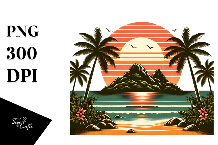 Retro Tropical Island Sunset PNG