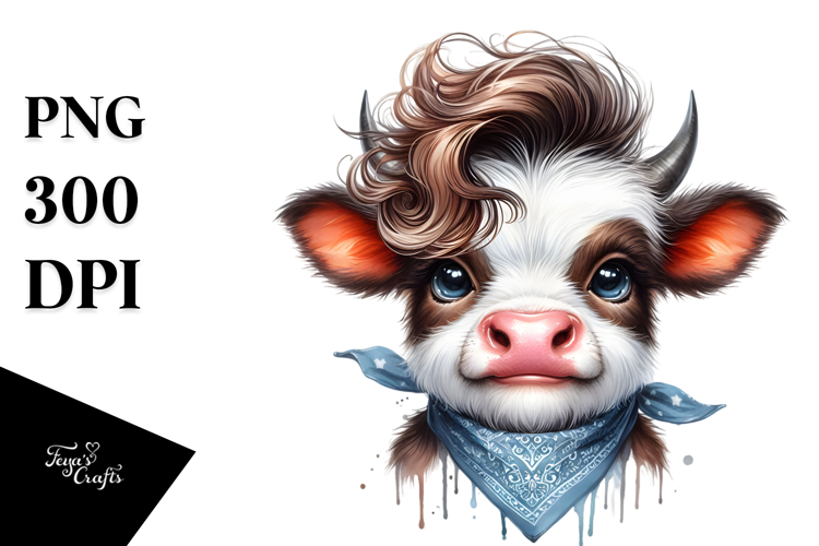 Funny Baby Cow with Cool Hair Watercolor Design