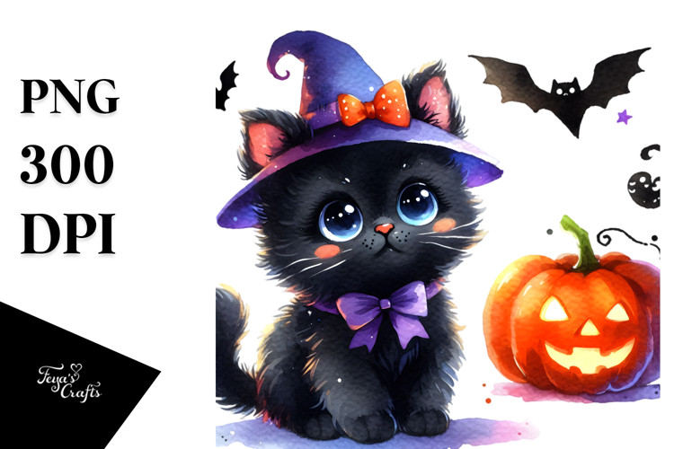 Baby Black Cat Halloween Scenery Cute Vibrant Drawing |