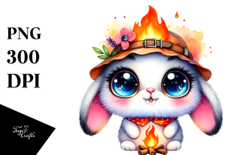 Cute Baby Rabbit with Campfire, High-Res PNG