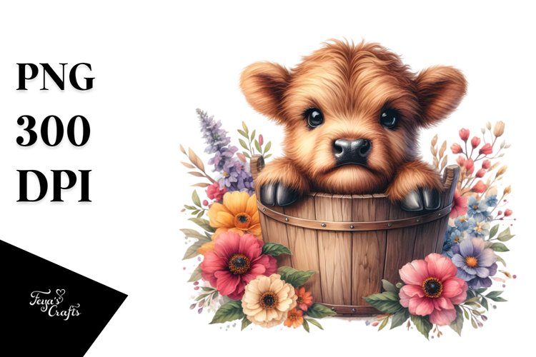 Cute Baby Highland Cow Wood Bucket PNG