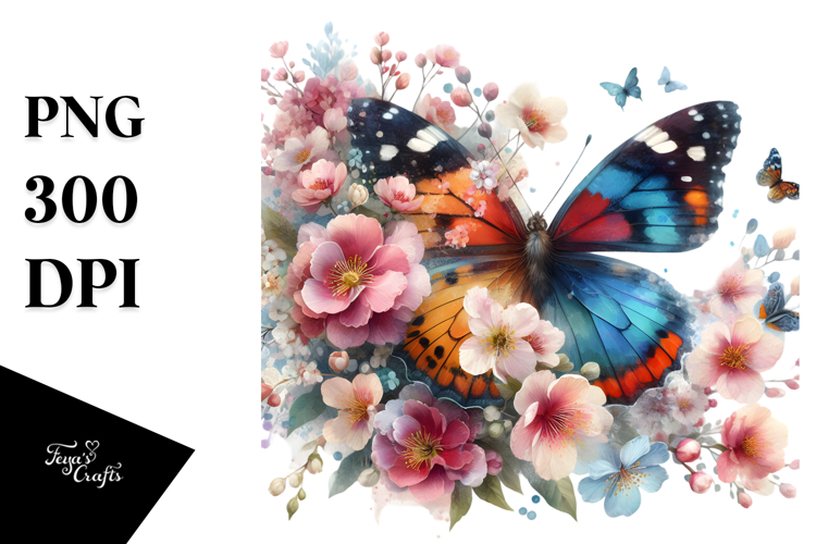 Watercolor Butterfly with Spring Flowers PNG