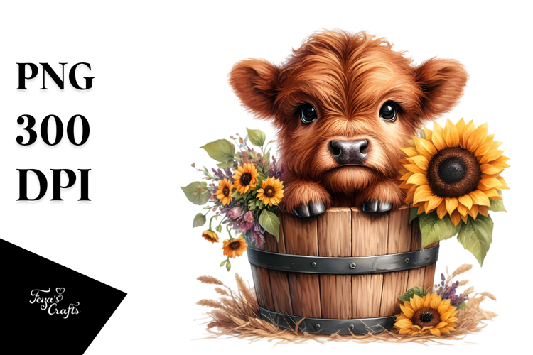 Cute Baby Highland Cow in Wood Bucket, Transparent PNG