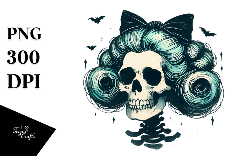 Retro Skull with Hair and Bow PNG