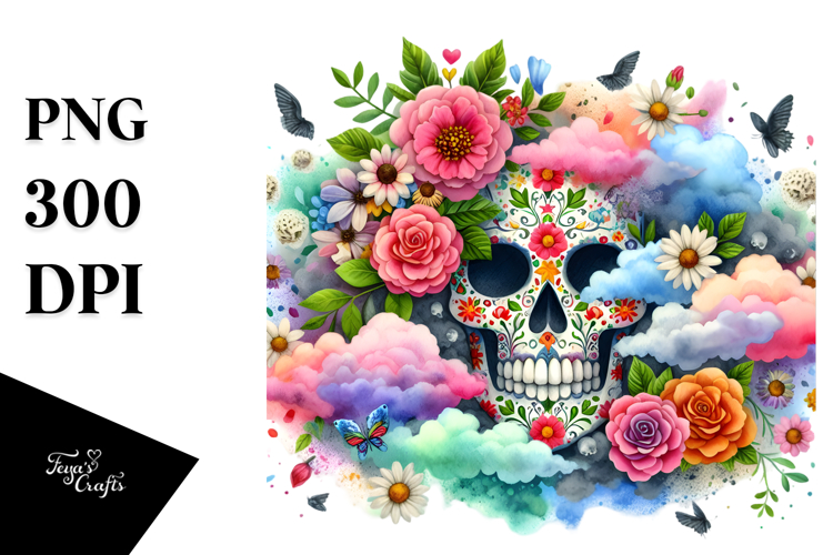 Colorful Grungy Skull Painting, PNG example image 1
