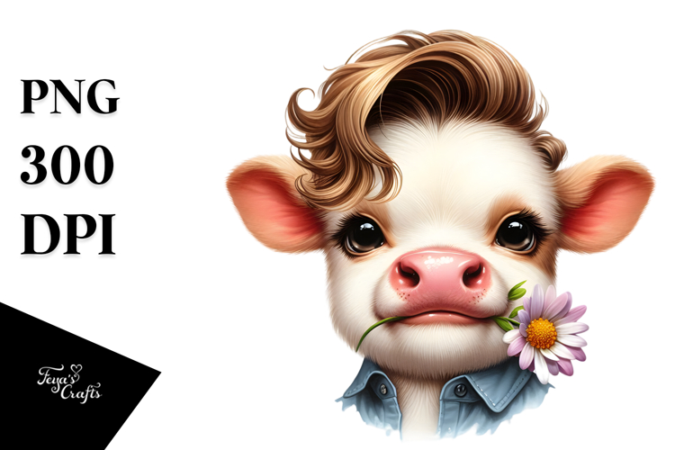 Funny Baby Cow with Flower Watercolor Design