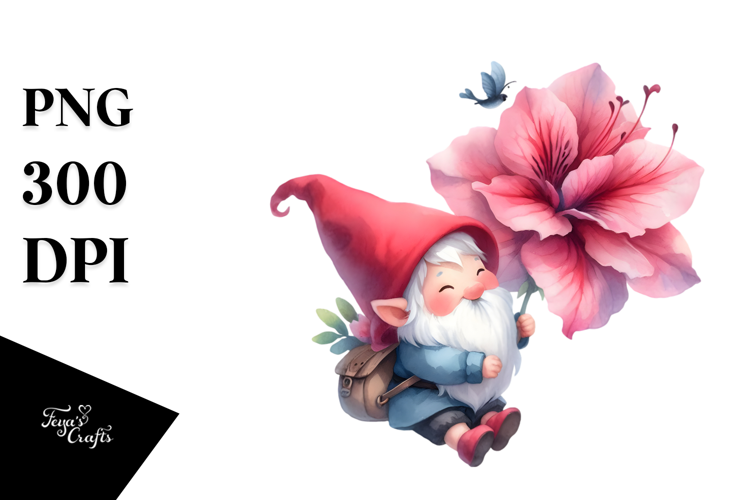 Cute Watercolor Gnome with Azalea PNG