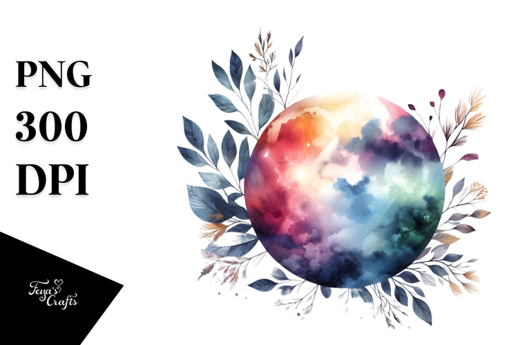 Vibrant Abstract Watercolor Moon | Clipart