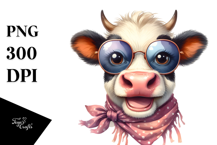 Funny Cow with Sunglasses Watercolor Design